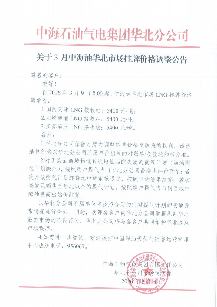 中海石油气电集团有限责任公司华北分公司关于2026年3月9日LNG交易挂牌价公告.png